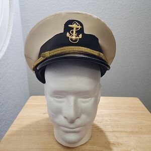 Vintage Bancrof Navy White Military Naval Cadet Hat Dress Visor Cap Size 7 1/8